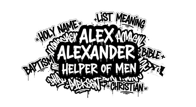 Black and white graffiti text design featuring religious and symbolic words
