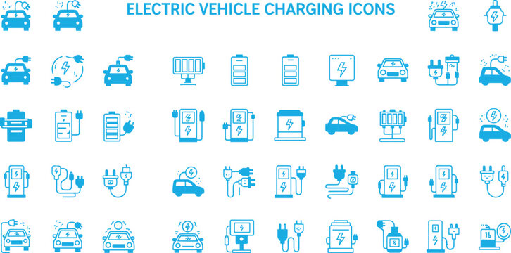 Electric vehicle charging icon set with battery power station connector symbols in clean minimal line style for web and app design