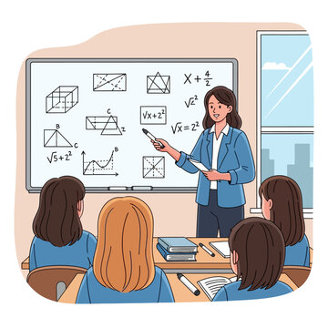Teacher explaining mathematical formulas on a whiteboard to students.