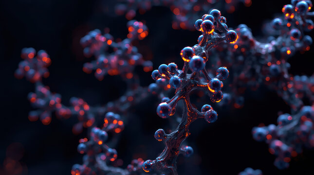 Glossy molecular chain with glowing rim lighting and dark background, dramatic atmosphere