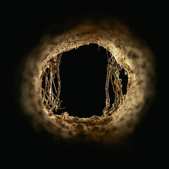 Fototapeta premium Inside an underground dirt cave with rough walls, stones, and vines. Mysterious subterranean tunnel opening into light. Empty hole into the earth. Old burrow, sewer, or dugout passage.