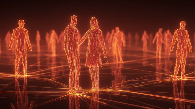 Wireframe human figures glow with intense light across a dark, connected digital plane