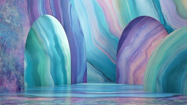 Abstract background featuring smooth, flowing forms in cool pastel colors suggesting a surreal cavern or display area