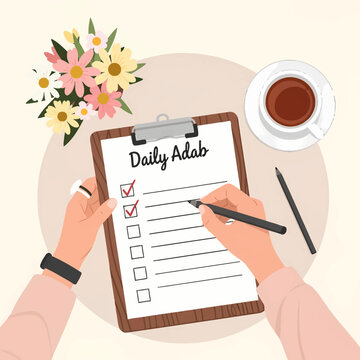 Authentic Daily Adab Checklist on Rustic Wooden Clipboard Vector Illustration, Digital Detox and Slow Living Concept for Traditional Muslim Wellness