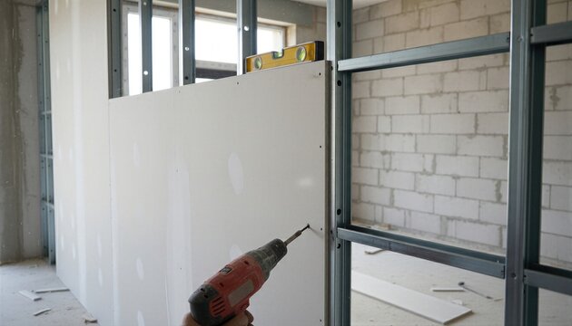 Builder installing drywall panel on metal frame wall with cordless drill and spirit level. Home renovation and construction site interior finishing. Professional building maintenance work.