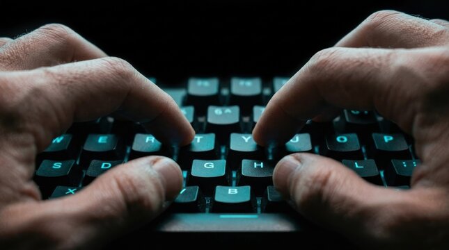 A high-angle close-up of human hands intensely typing on a glowing blue backlit keyboard in a dark setting, illustrating the concept of concentrated digital work and online activity