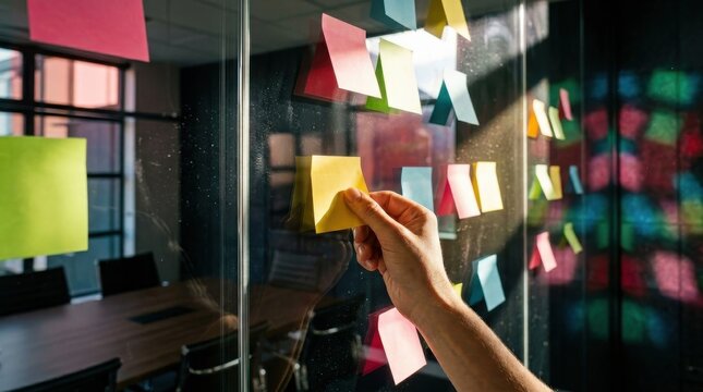 Hand placing a colorful sticky note on a glass wall filled with ideas, representing an office brainstorming session and collaborative strategic planning