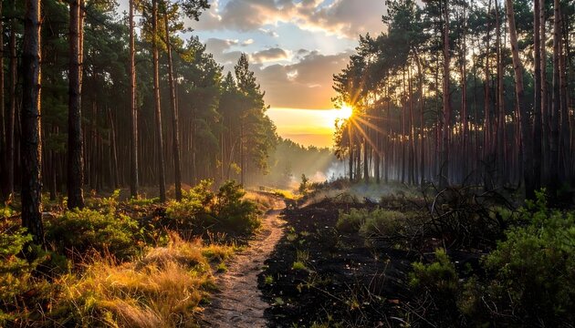 Sunrise over misty forest firebreak path with golden sunlight and tall pine trees