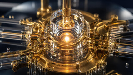 Fototapeta premium Luxury high-tech optical communication node with intricate gold wiring and glowing light core for global network