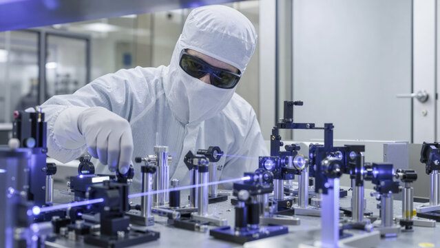 Professional engineer in clean room suit adjusting complex laser optics setup for photonic research and development