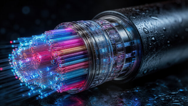 Cross-section of futuristic fiber-optic cable with millions of glowing light cores for global telecommunications