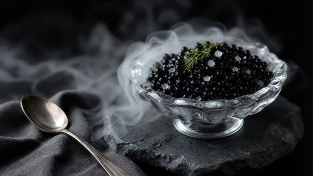 Synthetic black caviar spheres in glowing glass bowl with cold steam, molecular gastronomy future food concept