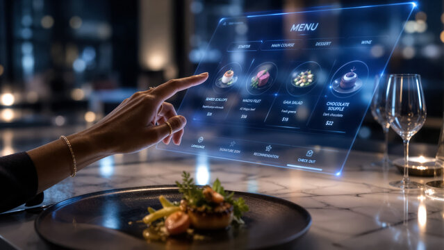 Hand interacting with holographic interactive menu projected on minimalist restaurant table, high-tech luxury