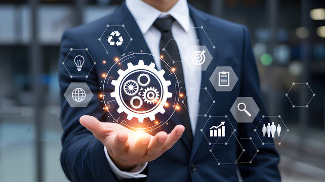 Business process optimization, industrial automation gear, mechanical engineering icon, digital transformation, sustainable energy, target goal, professional executive management solution set