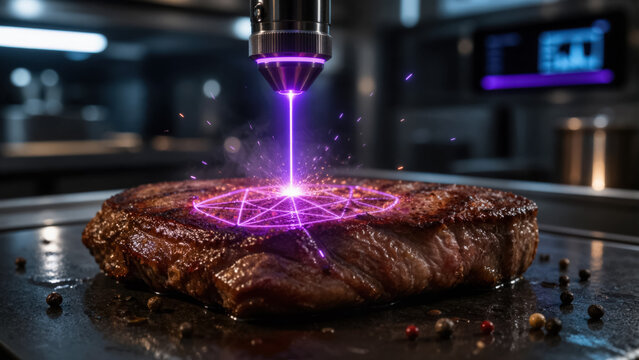 Violet laser beam engraving geometric pattern onto cooked steak, industrial kitchen technology macro shot