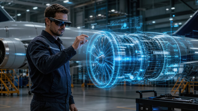 Professional aerospace engineer inspecting 3D holographic jet engine in high tech hangar digital twin technology