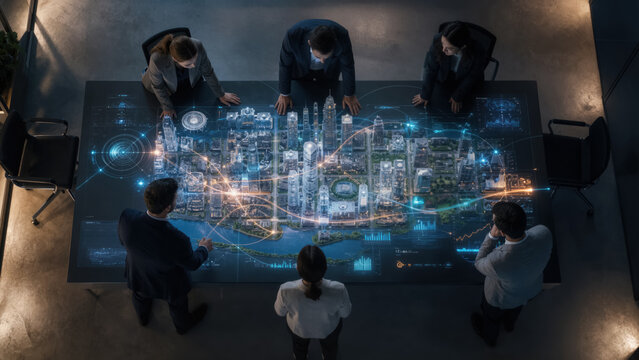 Top view of high tech conference table with glowing 3D holographic model of smart city for urban planning