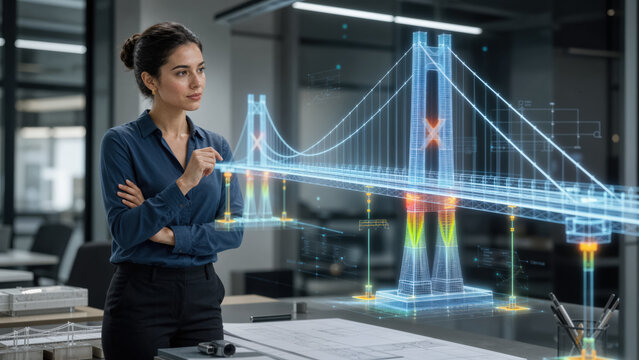 Female civil engineer analyzing complex holographic model of suspension bridge with structural load points