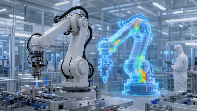 Industrial robotic arm with transparent digital twin overlay showing internal mechanical stresses in factory