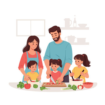 Family Cooking Together In Kitchen Preparing Healthy Food.