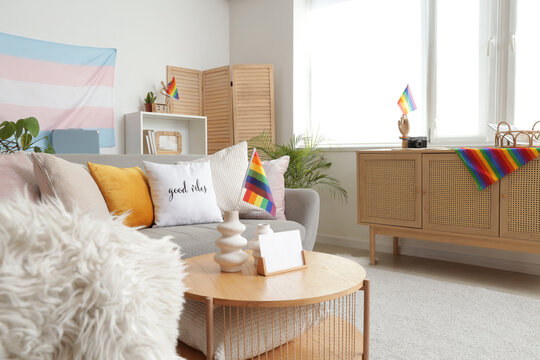 Interior of living room with sofa, LGBT and transgender flags