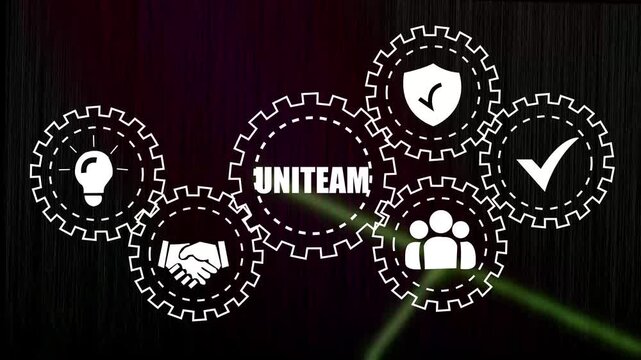 Dynamic corporate infographic animation featuring interlocking mechanical gears with business representing teamwork, innovation, strategic planning, security, and success