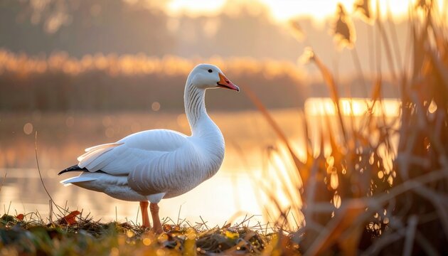 Elegant White Embden Goose Standing Beside Golden Sunlight Lit Water