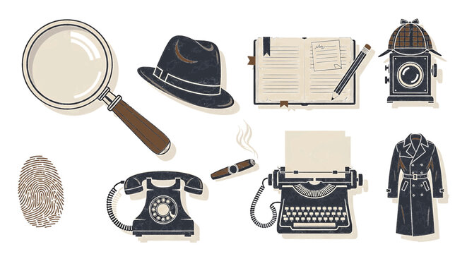 Vintage Detective Investigation Tools and Accessories Vector Set