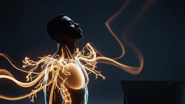 Cognitive Flow State Neural Network Energy Merging with Human Silhouette Abstract Deep Work Concept Isolated Dark Space