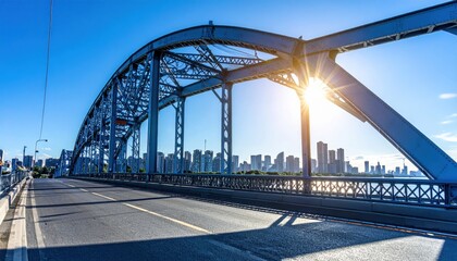 Fototapeta premium Iconic Steel Bridge Arching Over Urban Cityscape Under Brilliant Sunlight, Symbolizing Connection and Progress