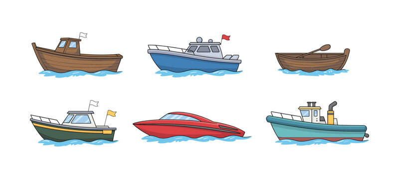 boat collection cartoon ships fishing boat speedboat yacht marine transport water illustration nautical vessels set ocean design
