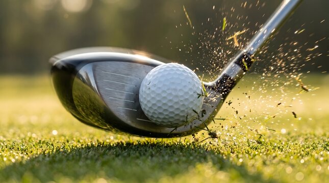 Golf club hitting ball with grass and dirt flying in slow motion