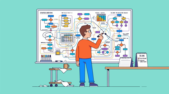 A software engineer working on complex system architecture and workflow diagrams.