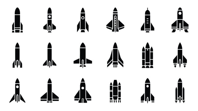 Aerospace vehicle icons featuring different rocket stages and missile designs in black silhouettes, representing space exploration technology