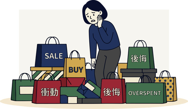 A woman feeling regretful surrounded by many shopping bags after impulsive buying.