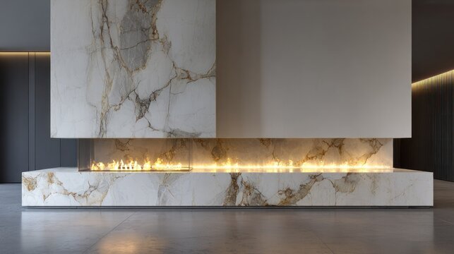 Modern linear fireplace centerpiece showcases dramatic natural stone cladding and warm ambient light
