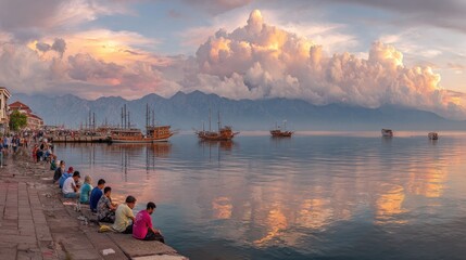 Obraz premium Panoramic view captures maritime scene with dramatic sunset illuminated clouds above distant mountains and people relaxing by the water's edge