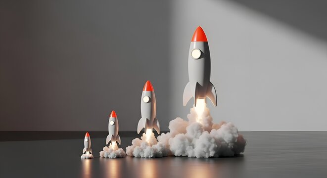 Large bright rocket launches ahead of smaller ones symbolizing business startup success growth and competitive advantage