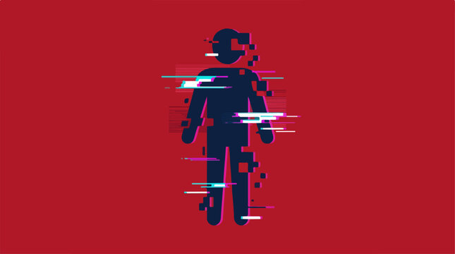 Abstract digital human silhouette with glitch effect.
