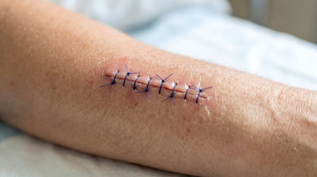 Close-up of sutured surgical wound on forearm, healing stitches after injury