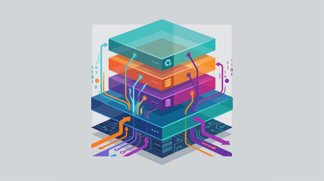 Abstract layered technology stack with glowing digital data cables.