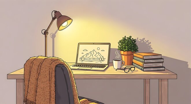 Home office workspace with laptop books.