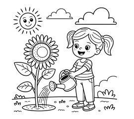 cute little girl watering sunflower garden coloring page line art kids illustration nature spring activity happy childhood scene