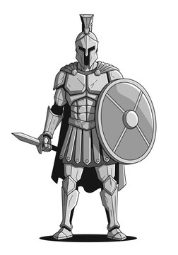 Spartan Warrior Illustration in Grayscale Armor with Shield and Sword - Ancient Greek Soldier Character Design Isolated on White