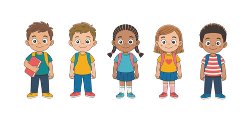 diverse school kids set cartoon children students backpack illustration multicultural boys girls education characters cute vector collection © LT studio