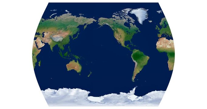World Map. John Muir Times projection animation. High detail physical map of Earth. Longitude rotation video.