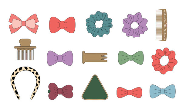 Hair accessories collection set, colorful bows scrunchies comb headband clips, fashion hair styling elements vector illustration isolated design bundle