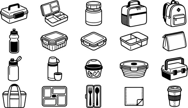 Handdrawn outline collection of various lunch boxes, food containers, insulated bags, and a water bottle, ideal for meal prep and portable dining.
