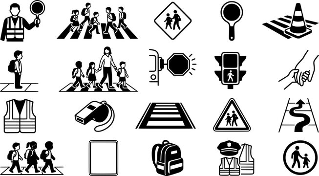 An Asian school crossing guard safely guides Asian and Black children across a crosswalk, promoting traffic safety education and community support for young students