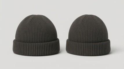 Fototapeta premium Two dark grey ribbed knitted beanies on a light grey background.